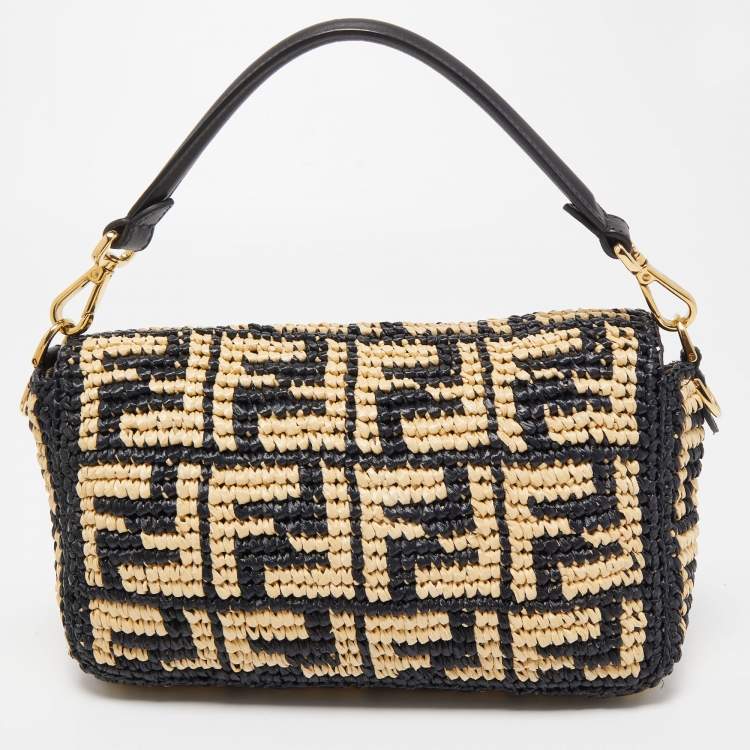 Pre Owned Fendi Black/Beige Zucca Raffia and Leather Baguette Flap Bag