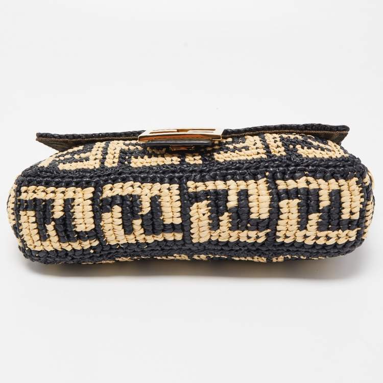 Pre Owned Fendi Black/Beige Zucca Raffia and Leather Baguette Flap Bag
