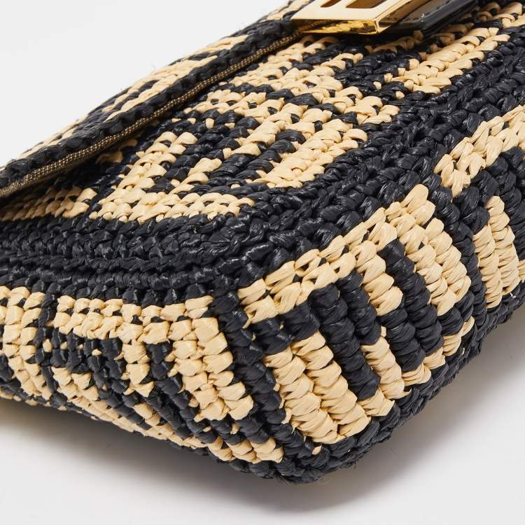 Pre Owned Fendi Black/Beige Zucca Raffia and Leather Baguette Flap Bag
