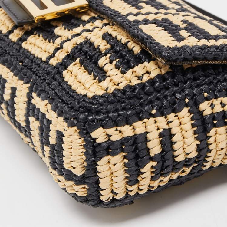 Pre Owned Fendi Black/Beige Zucca Raffia and Leather Baguette Flap Bag