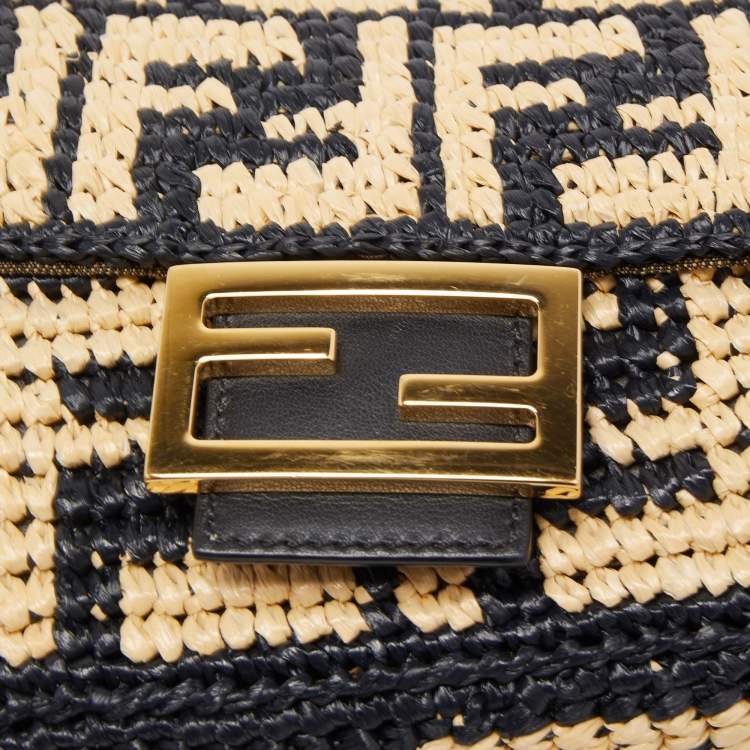 Pre Owned Fendi Black/Beige Zucca Raffia and Leather Baguette Flap Bag