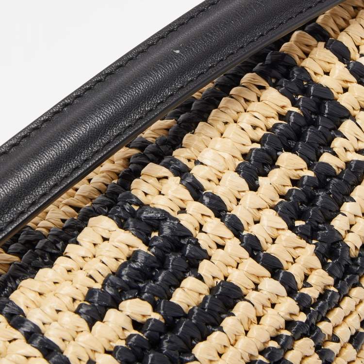 Pre Owned Fendi Black/Beige Zucca Raffia and Leather Baguette Flap Bag