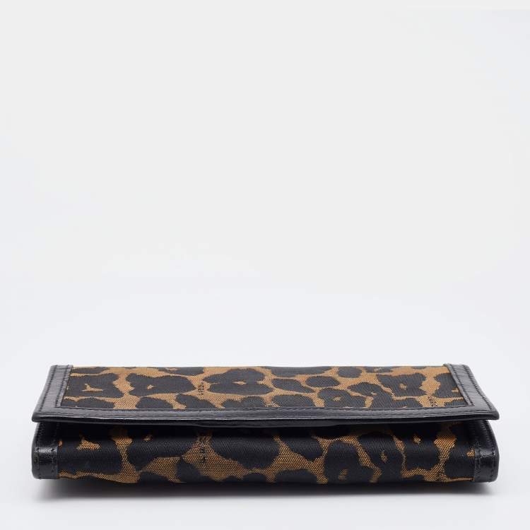 Pre Owned Fendi Brown/Black Leopard Print Canvas and Leather Continental Wallet