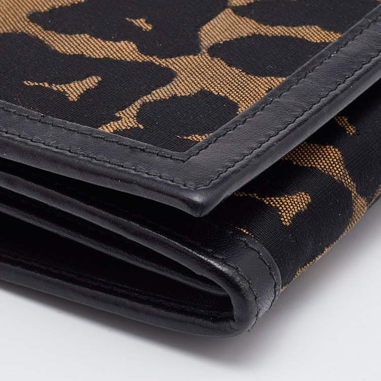 Pre Owned Fendi Brown/Black Leopard Print Canvas and Leather Continental Wallet