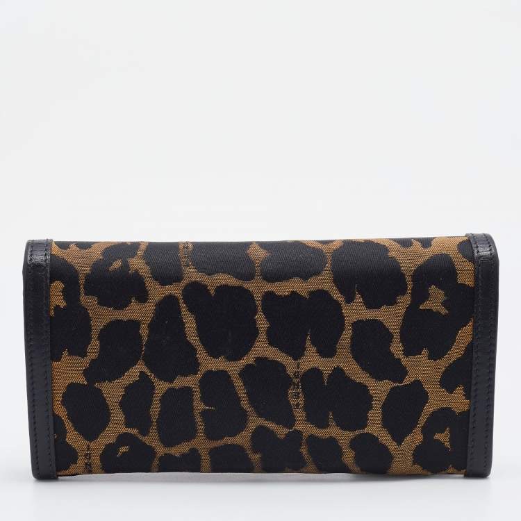 Pre Owned Fendi Brown/Black Leopard Print Canvas and Leather Continental Wallet