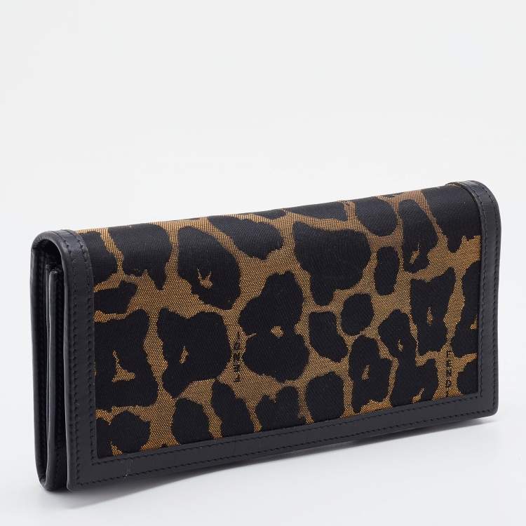 Pre Owned Fendi Brown/Black Leopard Print Canvas and Leather Continental Wallet