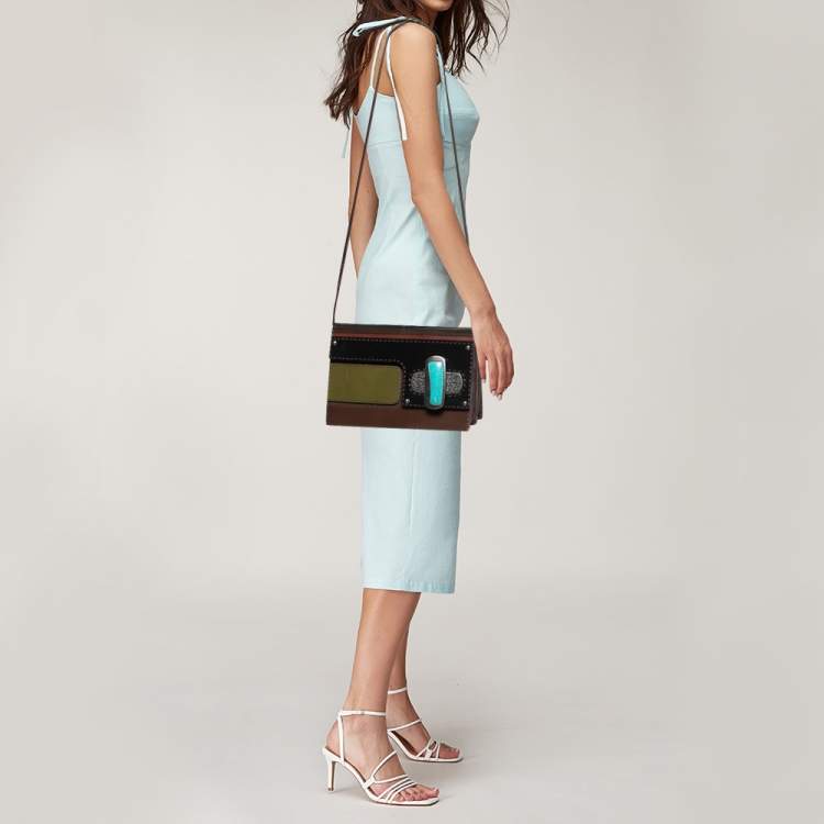 Pre Owned Fendi Brown/Black Leather Turnlock Flap Shoulder Bag
