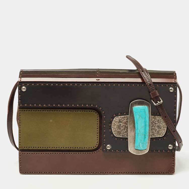 Pre Owned Fendi Brown/Black Leather Turnlock Flap Shoulder Bag