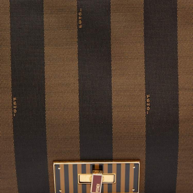 Pre Owned Fendi Tobacco Pequin Canvas Large Claudia Shoulder Bag