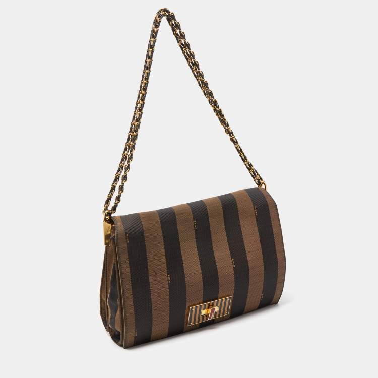 Pre Owned Fendi Tobacco Pequin Canvas Large Claudia Shoulder Bag