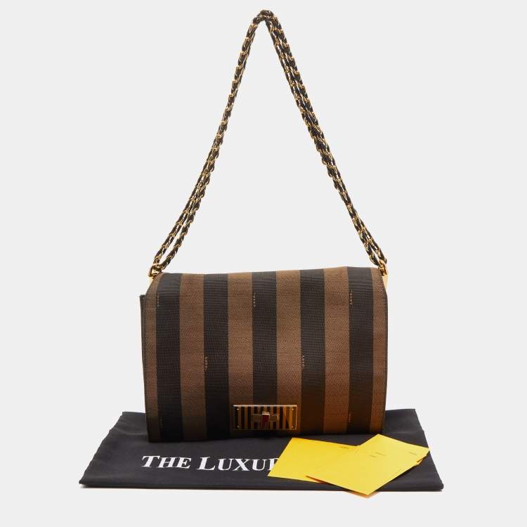 Pre Owned Fendi Tobacco Pequin Canvas Large Claudia Shoulder Bag