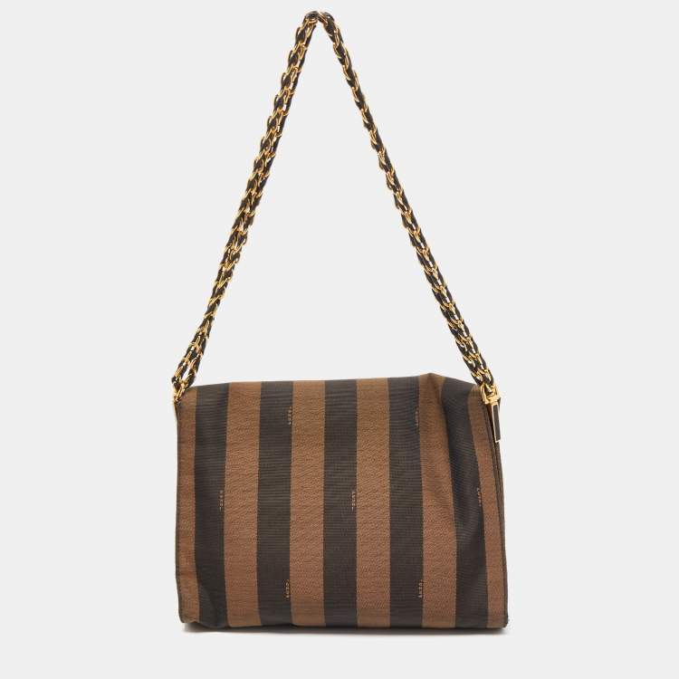 Pre Owned Fendi Tobacco Pequin Canvas Large Claudia Shoulder Bag