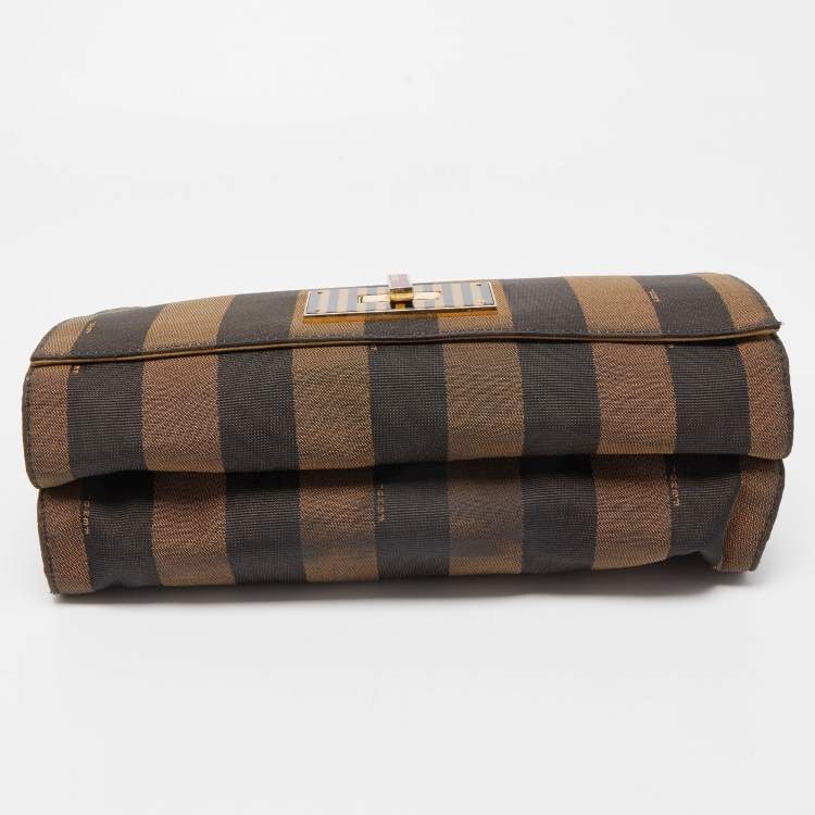 Pre Owned Fendi Tobacco Pequin Canvas Large Claudia Shoulder Bag