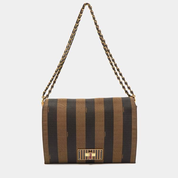 Fendi Tobacco Pequin Stripe Canvas Claudia Shoulder Bag Fendi TLC