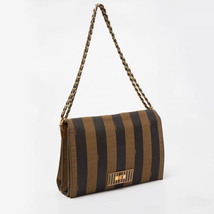 Pre Owned Fendi Tobacco Pequin Stripe Canvas Claudia Shoulder Bag