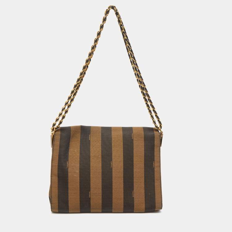 Pre Owned Fendi Tobacco Pequin Stripe Canvas Claudia Shoulder Bag