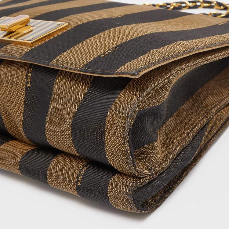 Pre Owned Fendi Tobacco Pequin Stripe Canvas Claudia Shoulder Bag