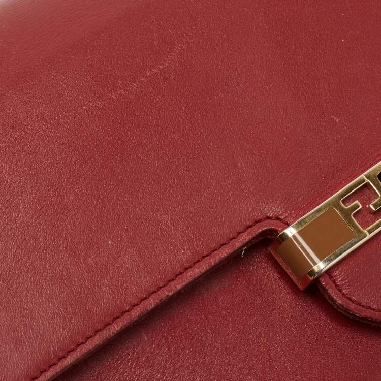 Pre Owned Fendi Red/Burgundy Leather FF Flap Wallet On Chain 