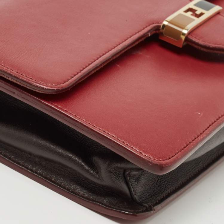 Pre Owned Fendi Red/Burgundy Leather FF Flap Wallet On Chain 
