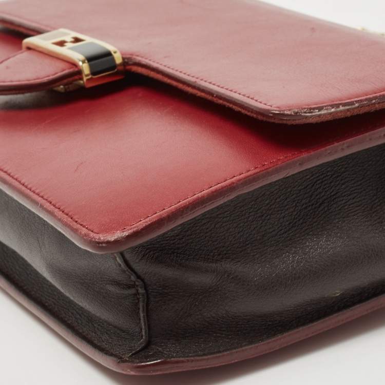 Pre Owned Fendi Red/Burgundy Leather FF Flap Wallet On Chain 