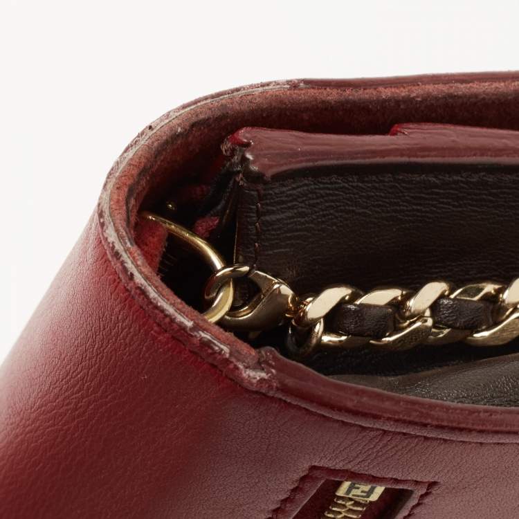 Pre Owned Fendi Red/Burgundy Leather FF Flap Wallet On Chain 