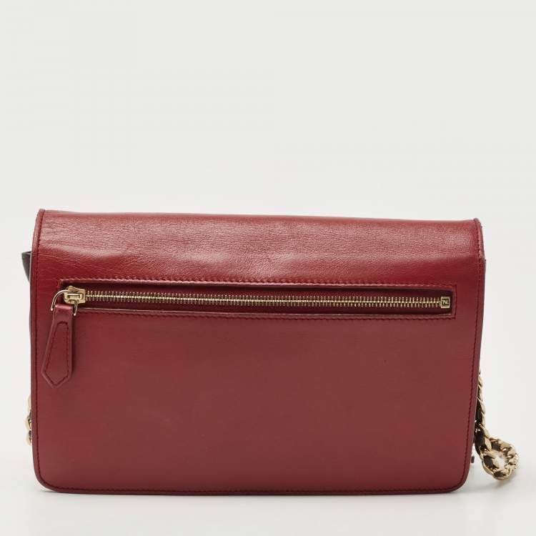 Pre Owned Fendi Red/Burgundy Leather FF Flap Wallet On Chain 