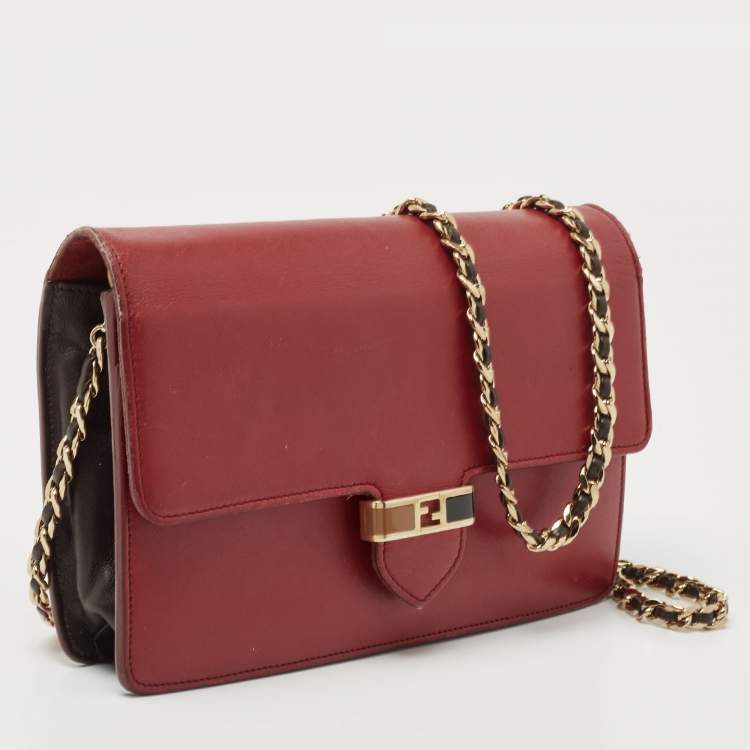 Pre Owned Fendi Red/Burgundy Leather FF Flap Wallet On Chain 