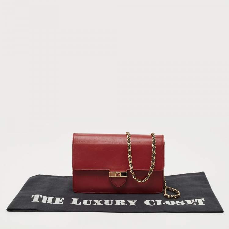 Pre Owned Fendi Red/Burgundy Leather FF Flap Wallet On Chain 