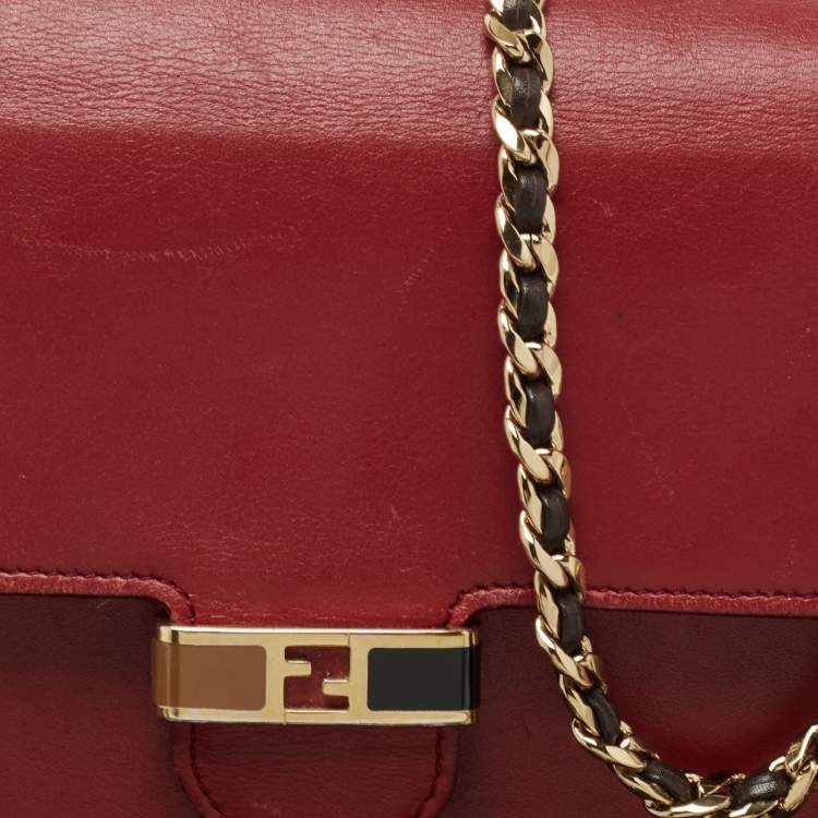 Pre Owned Fendi Red/Burgundy Leather FF Flap Wallet On Chain 