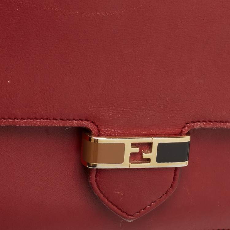 Pre Owned Fendi Red/Burgundy Leather FF Flap Wallet On Chain 