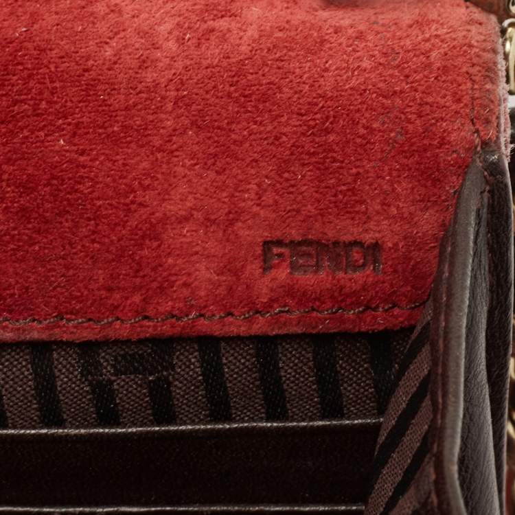 Pre Owned Fendi Red/Burgundy Leather FF Flap Wallet On Chain 