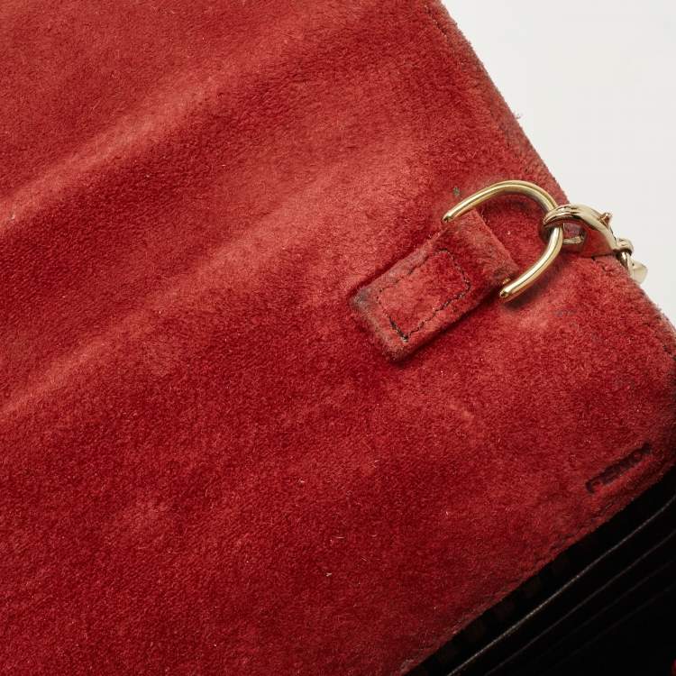 Pre Owned Fendi Red/Burgundy Leather FF Flap Wallet On Chain 