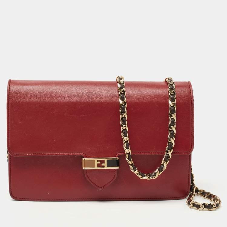 Pre Owned Fendi Red/Burgundy Leather FF Flap Wallet On Chain 