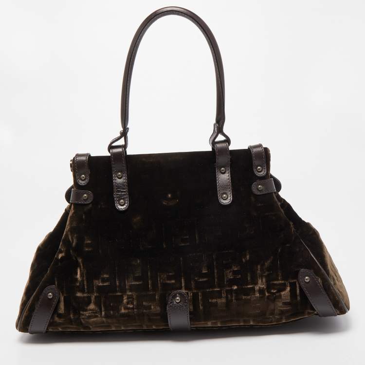 Pre Owned Fendi Brown/Green Zucca Velvet and Leather Medium Magic Shoulder Bag
