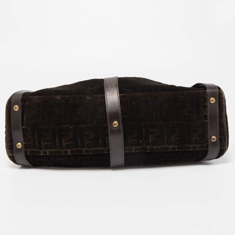 Pre Owned Fendi Brown/Green Zucca Velvet and Leather Medium Magic Shoulder Bag