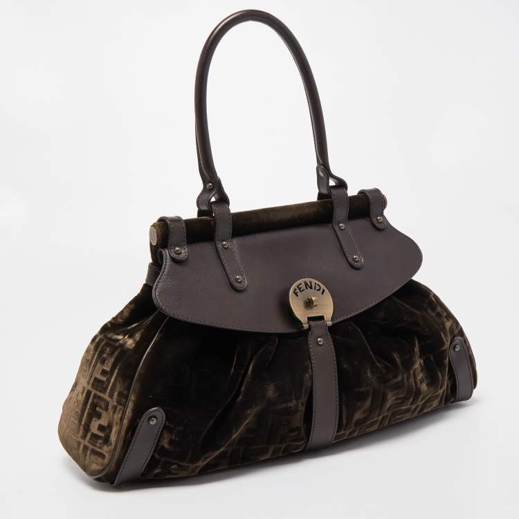 Pre Owned Fendi Brown/Green Zucca Velvet and Leather Medium Magic Shoulder Bag