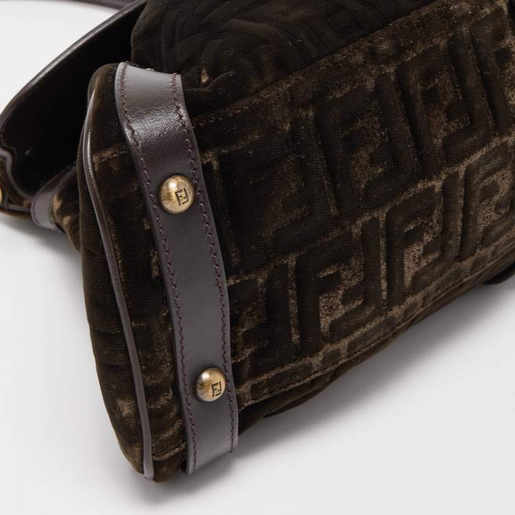 Pre Owned Fendi Brown/Green Zucca Velvet and Leather Medium Magic Shoulder Bag