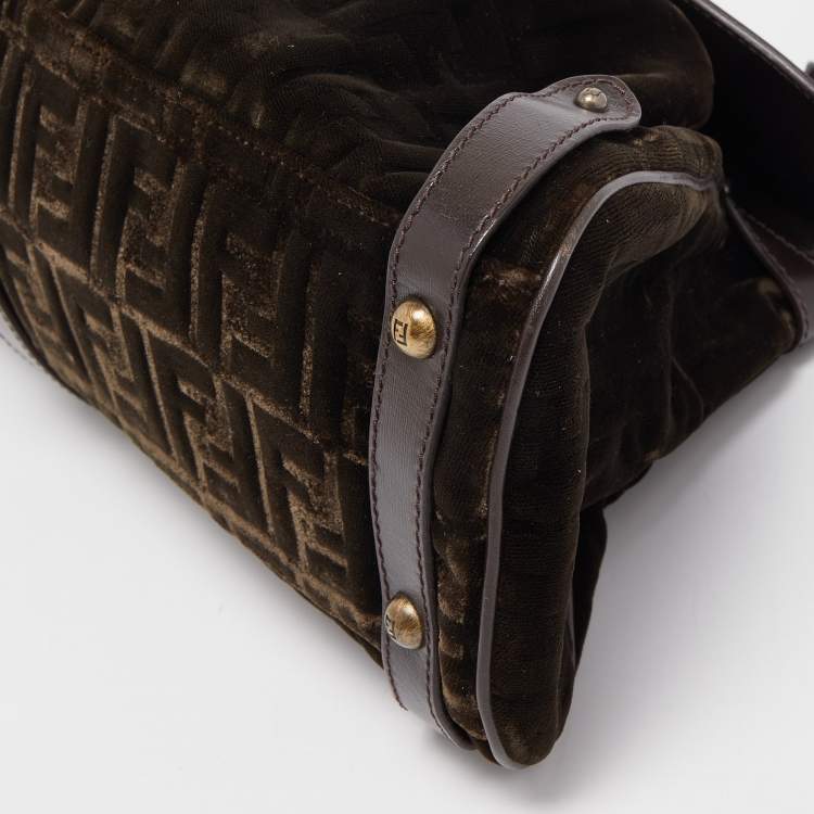 Pre Owned Fendi Brown/Green Zucca Velvet and Leather Medium Magic Shoulder Bag