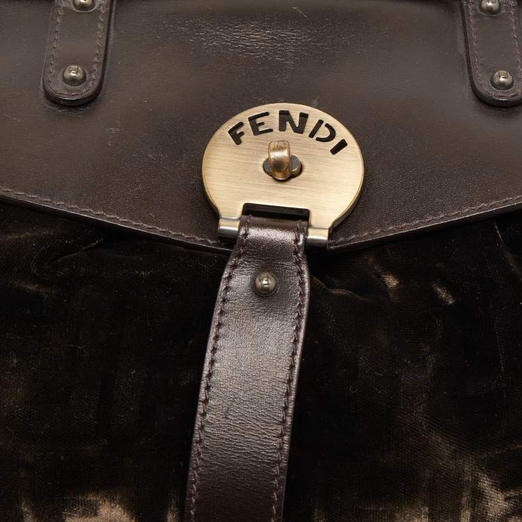 Pre Owned Fendi Brown/Green Zucca Velvet and Leather Medium Magic Shoulder Bag