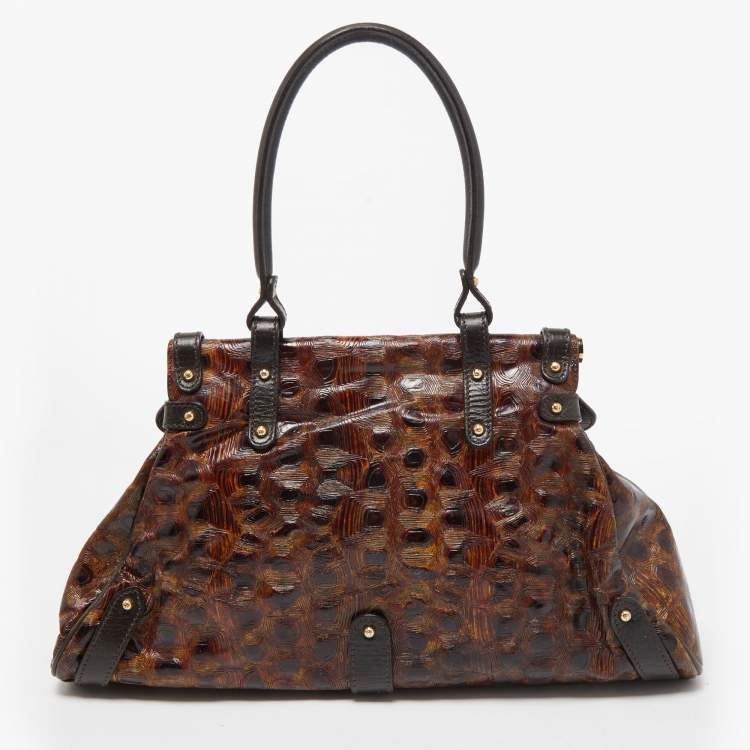 Pre Owned Fendi Brown Tortoise Embossed Leather Medium Magic Top Handle Bag