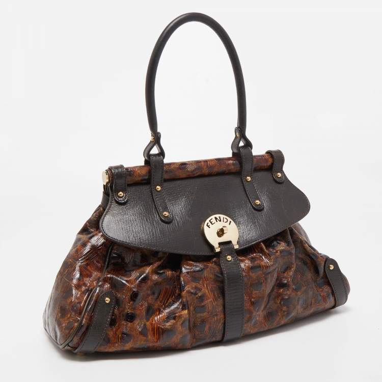 Pre Owned Fendi Brown Tortoise Embossed Leather Medium Magic Top Handle Bag