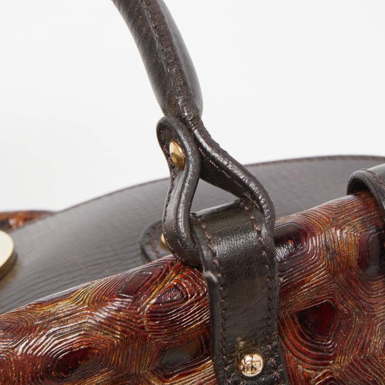 Pre Owned Fendi Brown Tortoise Embossed Leather Medium Magic Top Handle Bag