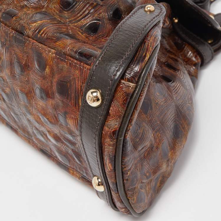 Pre Owned Fendi Brown Tortoise Embossed Leather Medium Magic Top Handle Bag