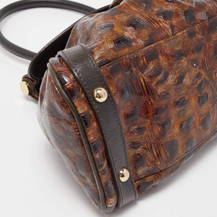 Pre Owned Fendi Brown Tortoise Embossed Leather Medium Magic Top Handle Bag