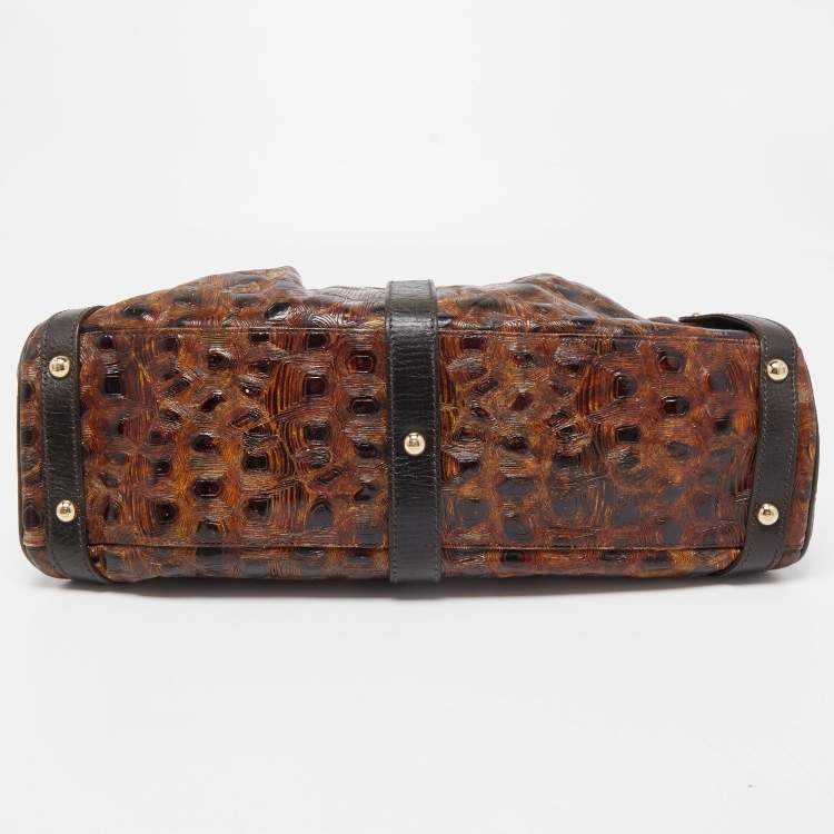 Pre Owned Fendi Brown Tortoise Embossed Leather Medium Magic Top Handle Bag