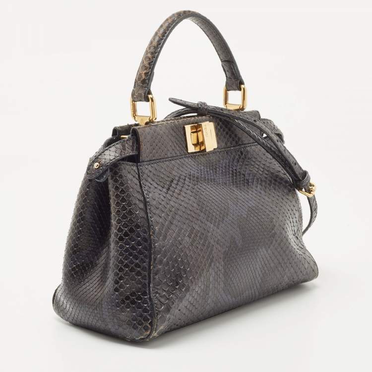Pre Owned Fendi Dark Green/Black Python Mini Peekaboo Top Handle Bag