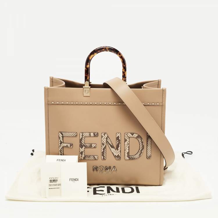 Pre Owned Fendi Beige Leather and Python Medium Sunshine Shopper Tote