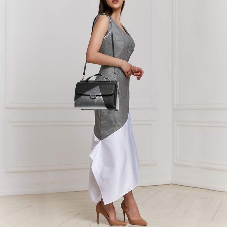 Pre Owned Fendi Black/Silver Textured Leather Small Demi Jour Top Handle Bag