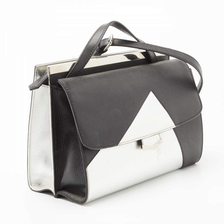 Pre Owned Fendi Black/Silver Textured Leather Small Demi Jour Top Handle Bag
