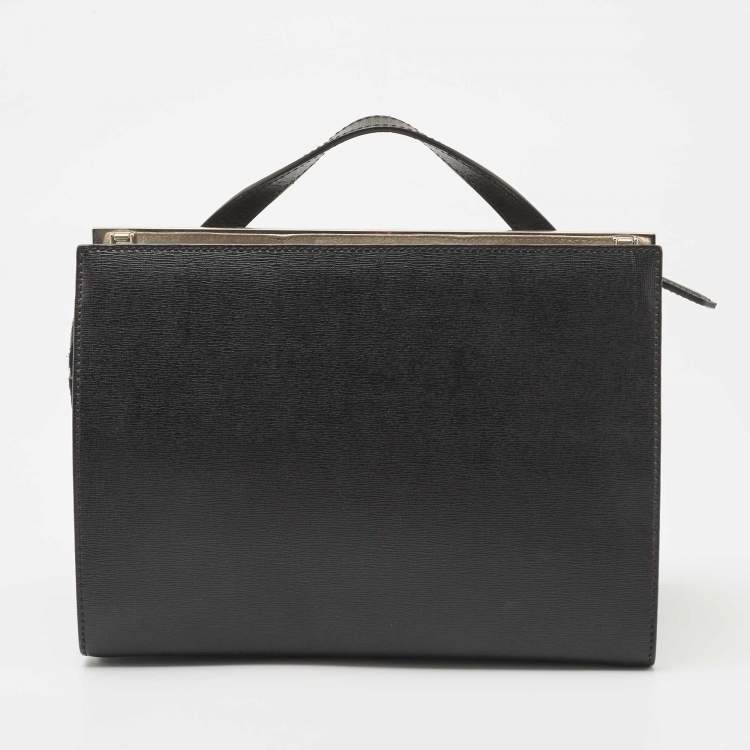 Pre Owned Fendi Black/Silver Textured Leather Small Demi Jour Top Handle Bag